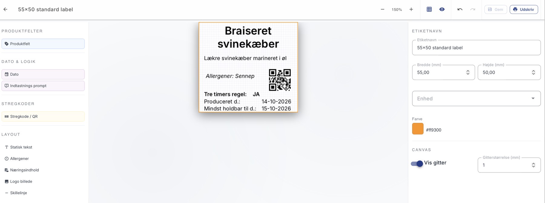 Labeldesigneren i KitchenPrint med en etiket for braiserede svinekæber med allergener, QR-kode og datoer