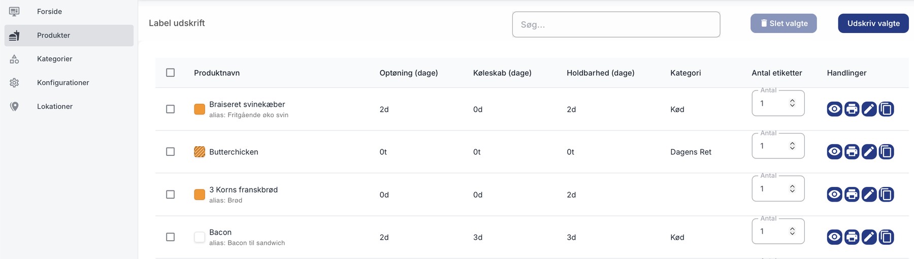 Produktoversigten i KitchenPrint med optøning, køleskab, holdbarhed, kategori og antal etiketter pr. vare